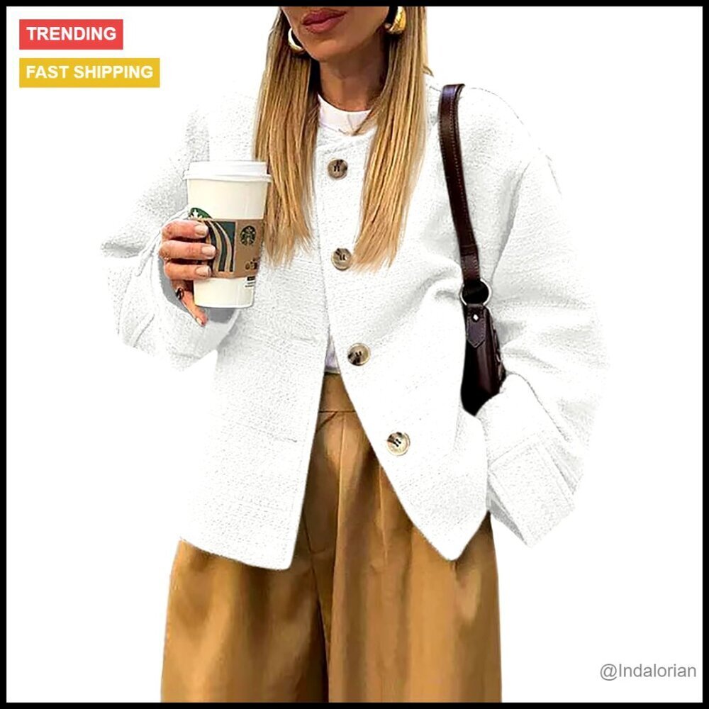 Oversized Tweed Blazer Cropped Business Casual Long Sleeve Button Down Chic